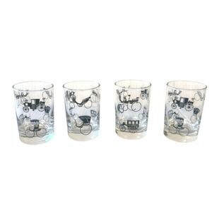 Vintage Libbey Horse Drawn Carriage Juice Glasses Black White Mid Century | 4